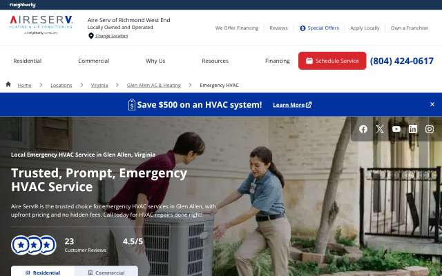 Aire Serv's page as the assistant saw it