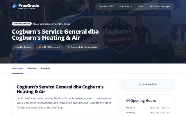Cogburn's Heating & Air's page as the assistant saw it