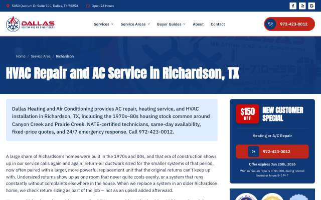 Dallas Heating and Air Conditioning's page as the assistant saw it
