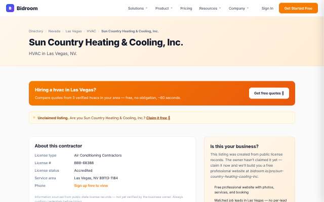 Sun Country Heating & Cooling's page as the assistant saw it