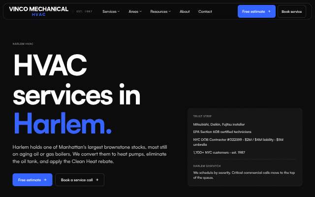 Vinco Mechanical's page as the assistant saw it