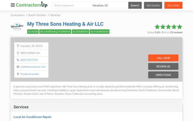 My Three Sons Heating & Air LLC's page as the assistant saw it