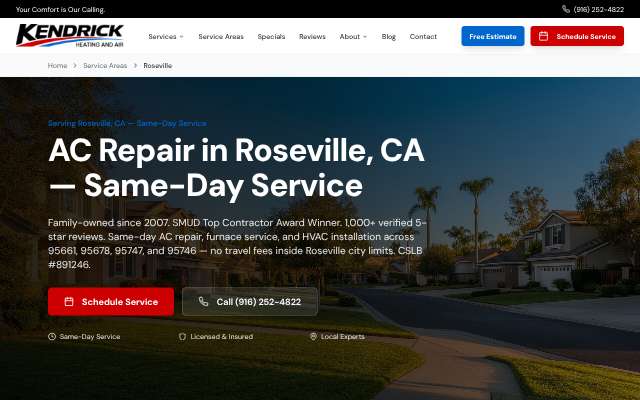 Kendrick Heating & Air's page as the assistant saw it