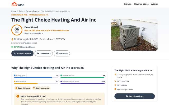 The Right Choice Heating and Air Inc's page as the assistant saw it