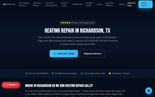 Frosty's HVAC's page as the assistant saw it