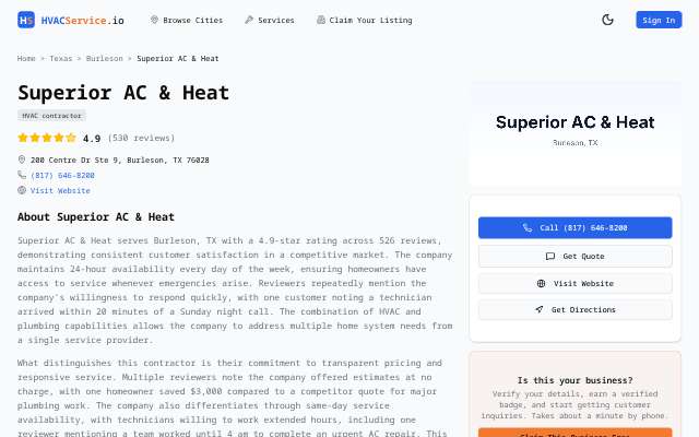Superior AC & Heat's page as the assistant saw it