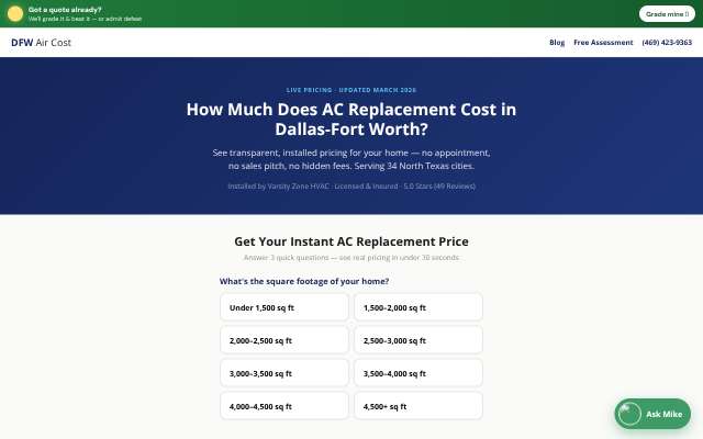 DFW Air Cost (Varsity Zone HVAC)'s page as the assistant saw it