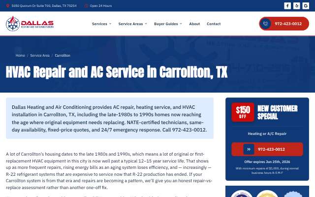 Dallas Heating and Air Conditioning's page as the assistant saw it