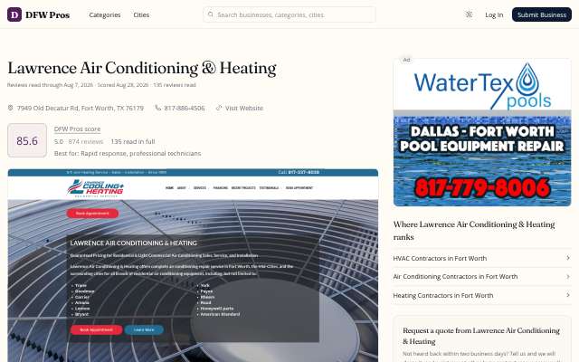 Lawrence Air Conditioning & Heating (Fort Worth/Saginaw)'s page as the assistant saw it