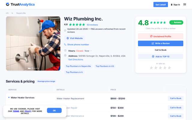 Wiz Plumbing Inc.'s page as the assistant saw it