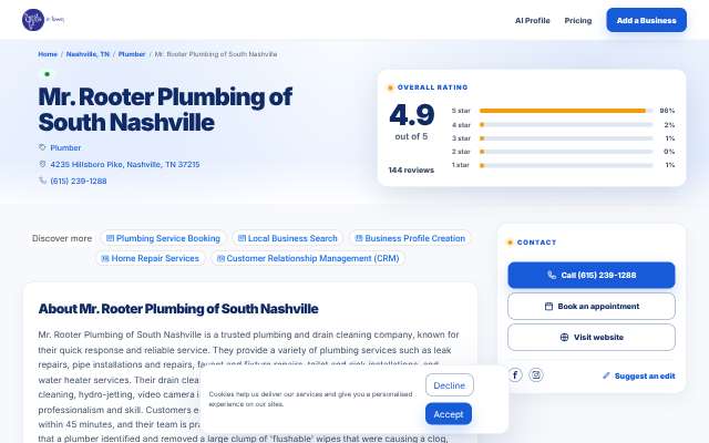 Mr. Rooter Plumbing of South Nashville's page as the assistant saw it