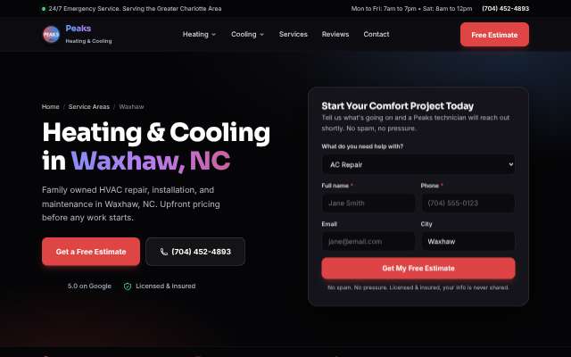 Peaks Heating & Cooling's page as the assistant saw it