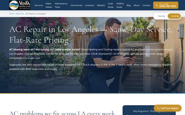 Venta Heating and Cooling's page as the assistant saw it