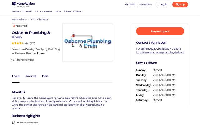 Osborne Plumbing & Drain's page as the assistant saw it