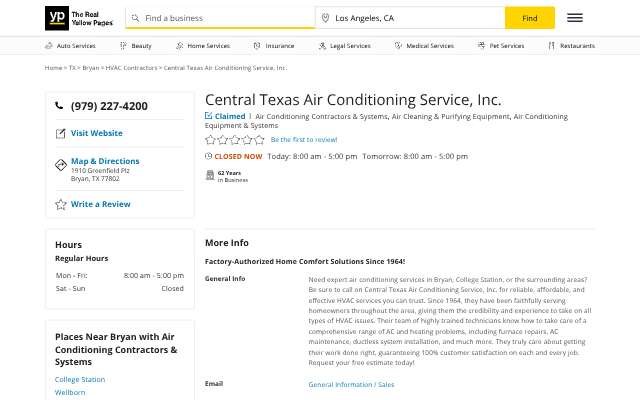 Central Texas Air Conditioning Service, Inc.'s page as the assistant saw it