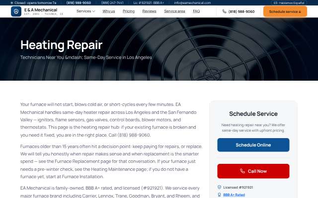 EA Mechanical's page as the assistant saw it