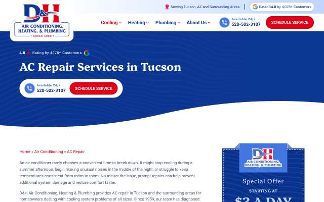 D&H Air Conditioning, Heating & Plumbing's page as the assistant saw it
