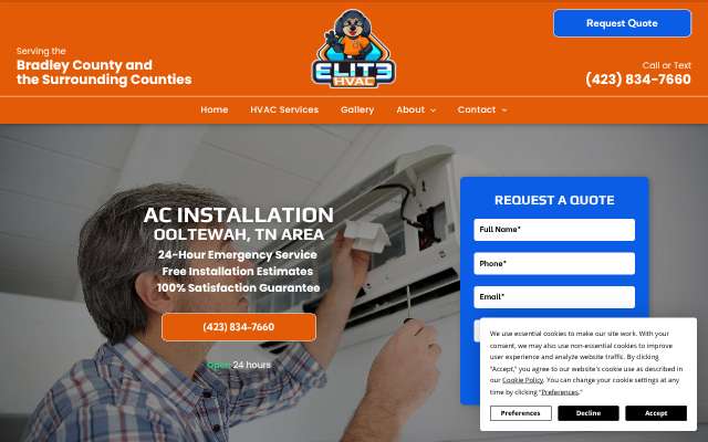 Elite HVAC's page as the assistant saw it