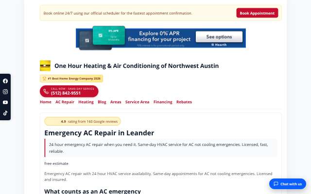 One Hour Heating & Air Conditioning (Northwest Austin)'s page as the assistant saw it