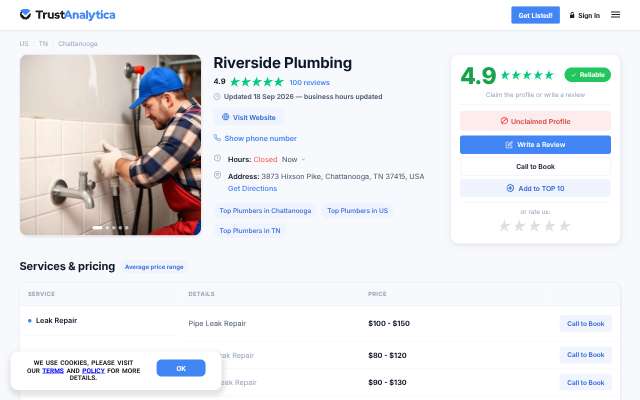 Riverside Plumbing's page as the assistant saw it