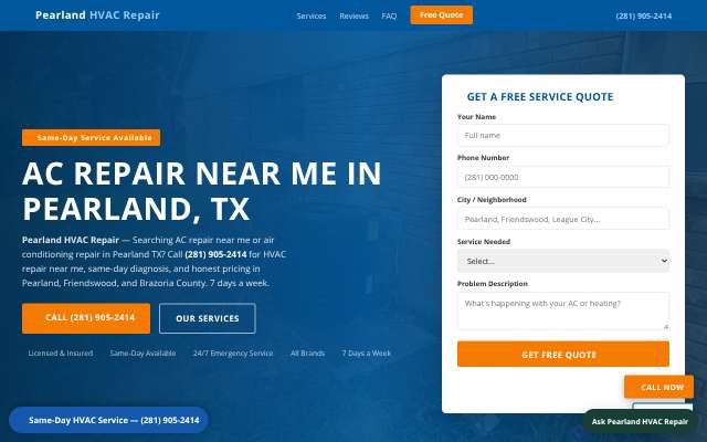 Pearland HVAC Repair's page as the assistant saw it