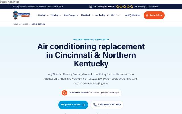 Page cited for AnyWeather Heating & Air (Cold Spring, KY; serves Cincinnati)