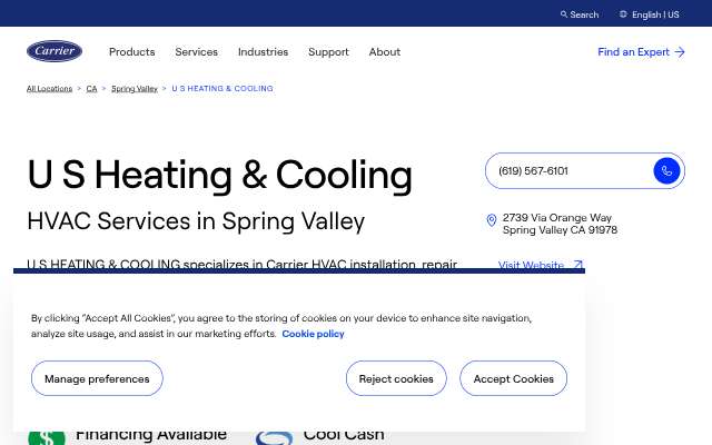 U S HEATING & COOLING's page as the assistant saw it