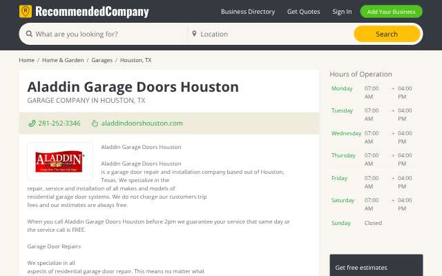 Aladdin Garage Doors Houston's page as the assistant saw it