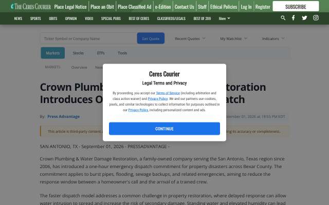 Crown Plumbing & Water Damage Restoration's page as the assistant saw it
