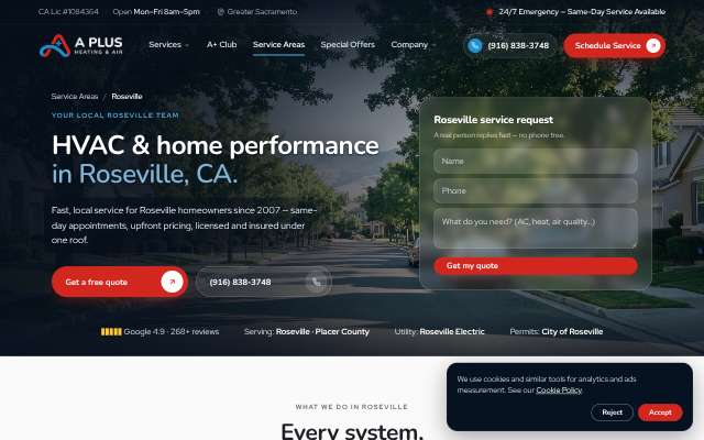 A+ Heating & Air's page as the assistant saw it