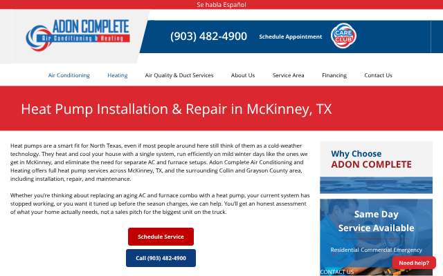 Adon Complete Air Conditioning & Heating's page as the assistant saw it
