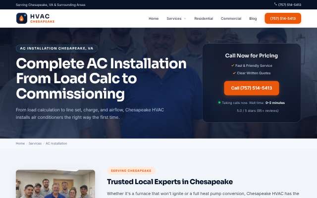 Chesapeake HVAC's page as the assistant saw it