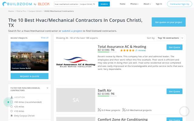BuildZoom's page as the assistant saw it
