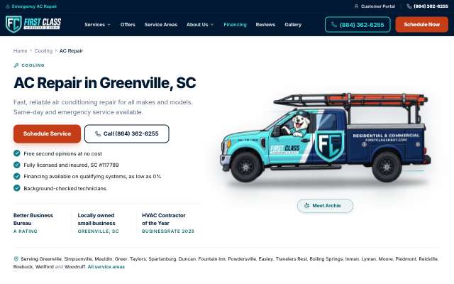First Class Heating & Air's page as the assistant saw it