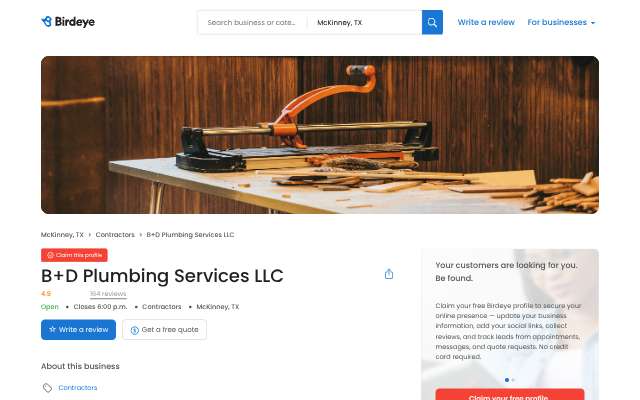 B+D Plumbing Services's page as the assistant saw it