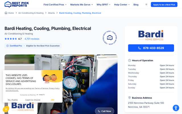 Bardi Heating, Cooling, Plumbing, Electrical's page as the assistant saw it