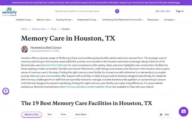 Belmont Village Senior Living Hunters Creek's page as the assistant saw it