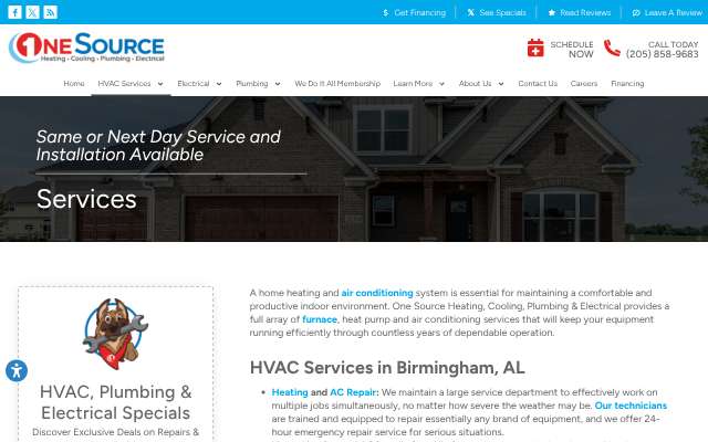 One Source Heating, Cooling, Electrical & Plumbing's page as the assistant saw it