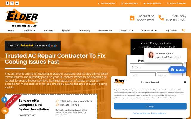 Elder Heating and Air's page as the assistant saw it