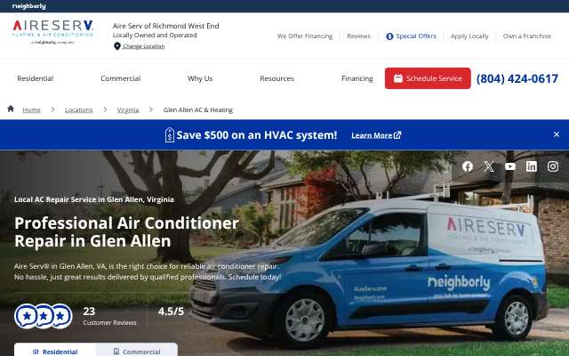 Aire Serv's page as the assistant saw it