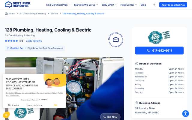 128 Plumbing, Heating, Cooling & Electric's page as the assistant saw it
