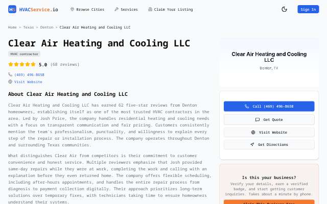 Clear Air Heating and Cooling LLC's page as the assistant saw it