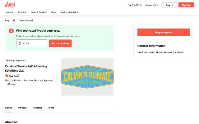 Calvin's Climate A/C & Heating Solutions LLC's page as the assistant saw it