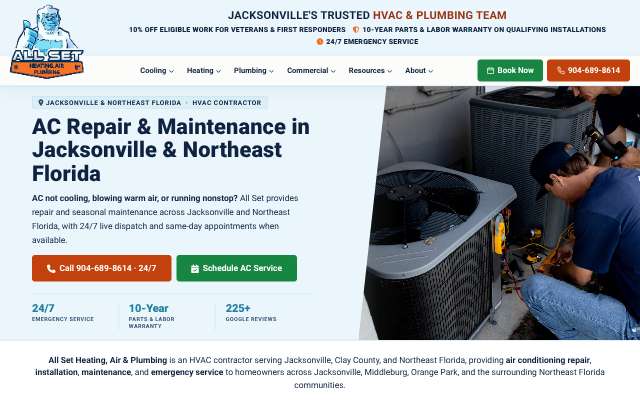 All Set Heating, Air & Plumbing's page as the assistant saw it