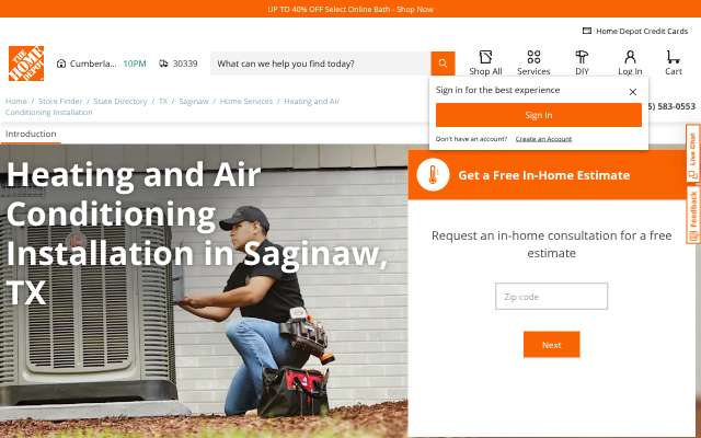 Home Depot installation services's page as the assistant saw it