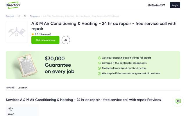 A & M Air Conditioning & Heating's page as the assistant saw it