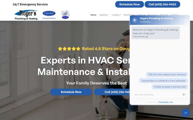 Roger's Plumbing & Heating's page as the assistant saw it