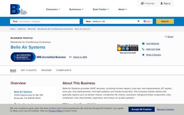 Belle Air Systems's page as the assistant saw it
