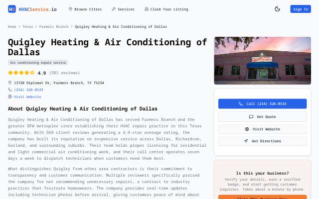 Quigley Heating & Air Conditioning's page as the assistant saw it