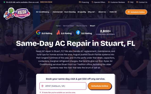 Kyzar Air Conditioning's page as the assistant saw it